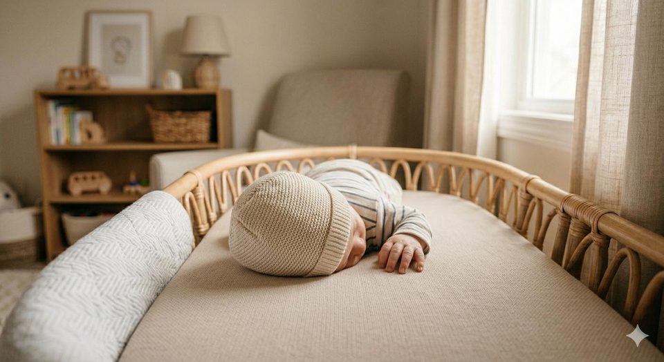 Friedlich schlafendes Baby im hellen Stubenwagen