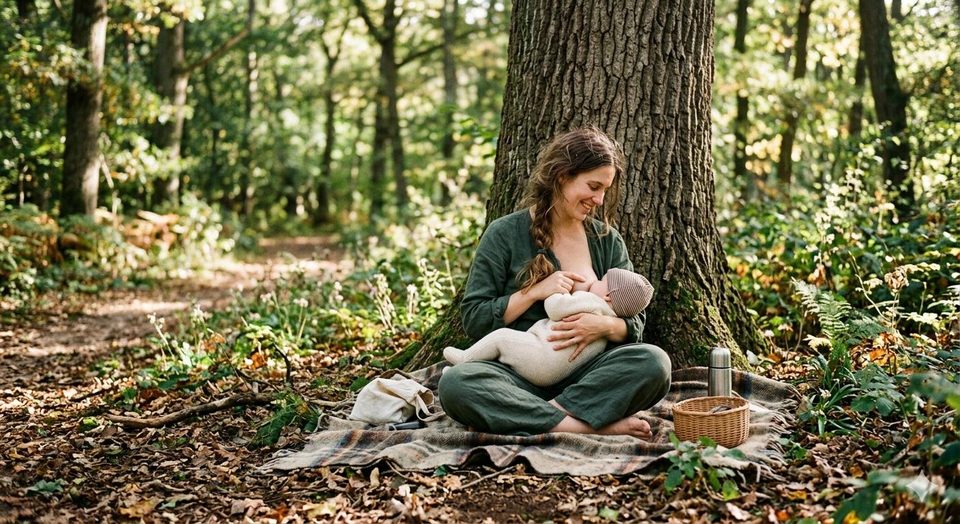 Mutter stillt ihr Baby entspannt und geborgen im Wald